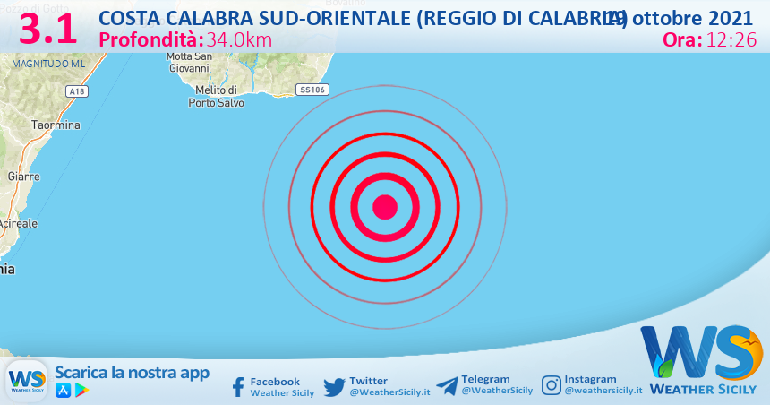 Sicilia: scossa di terremoto magnitudo 3.1 nel Mar Ionio, nei pressi di Costa Calabra sud-orientale.