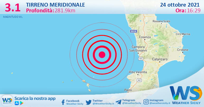 Sicilia: scossa di terremoto magnitudo 3.1 nel Tirreno Meridionale (MARE)