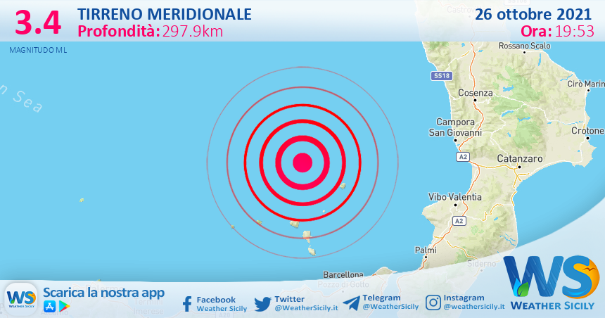 Sicilia: scossa di terremoto magnitudo 3.4 nel Tirreno Meridionale (MARE)