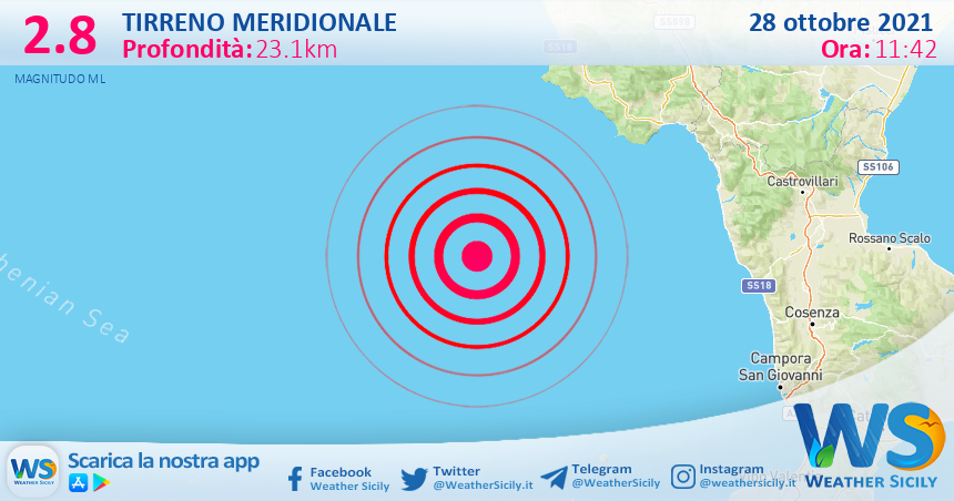 Sicilia: scossa di terremoto magnitudo 2.8 nel Tirreno Meridionale (MARE)