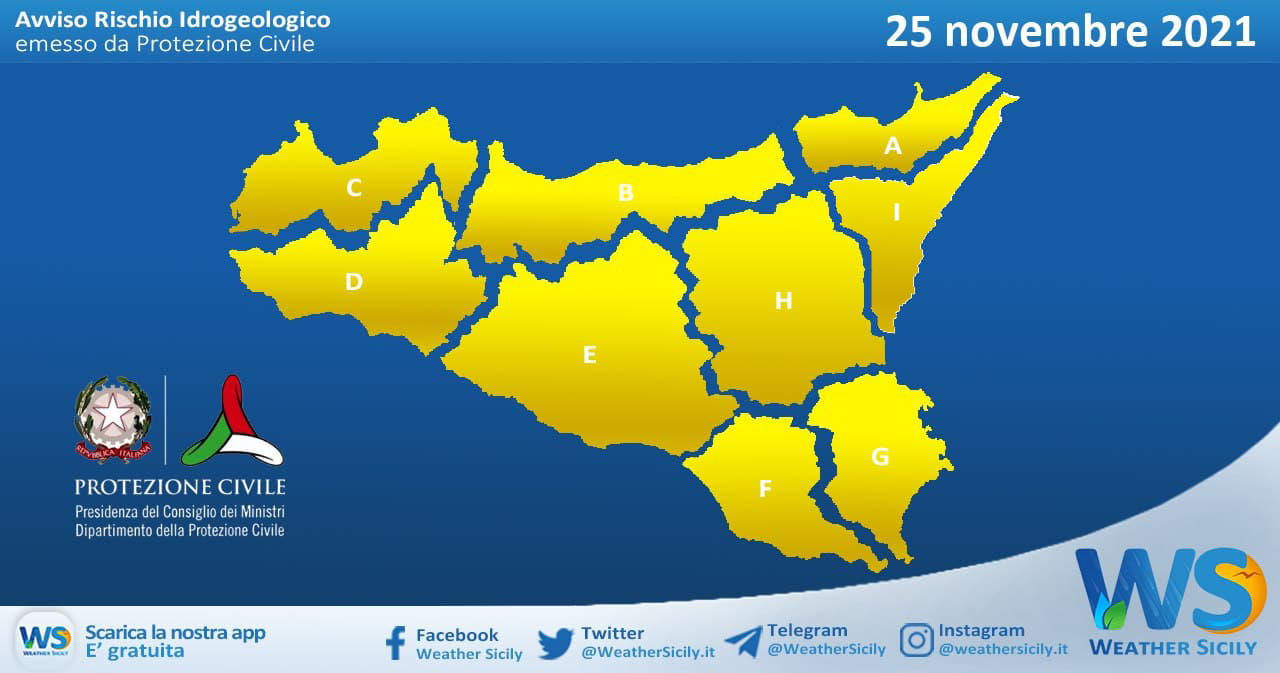 Sicilia: emessa allerta meteo gialla ovunque per giovedì 25 novembre 2021