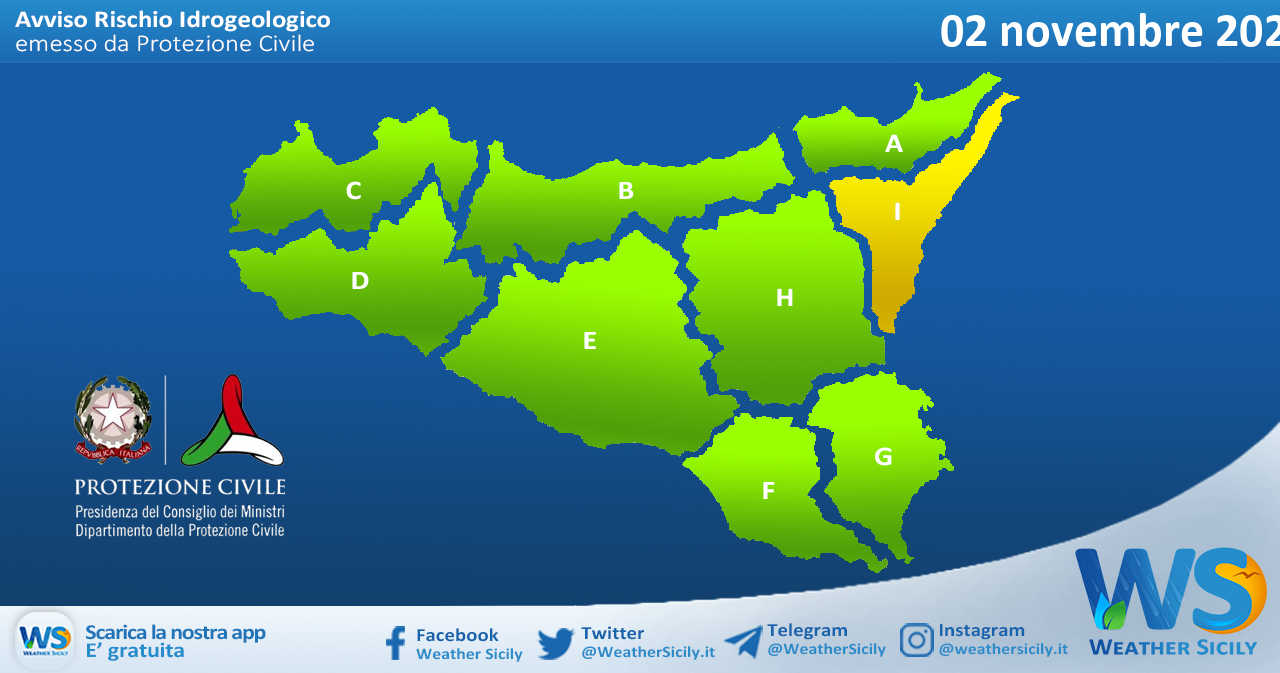 Sicilia: avviso rischio idrogeologico per martedì 02 novembre 2021