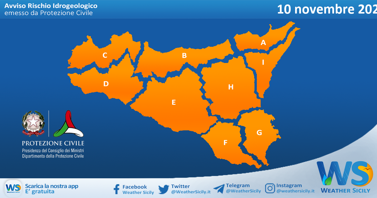 Sicilia: emessa allerta meteo arancione ovunque per mercoledì 10 novembre 2021