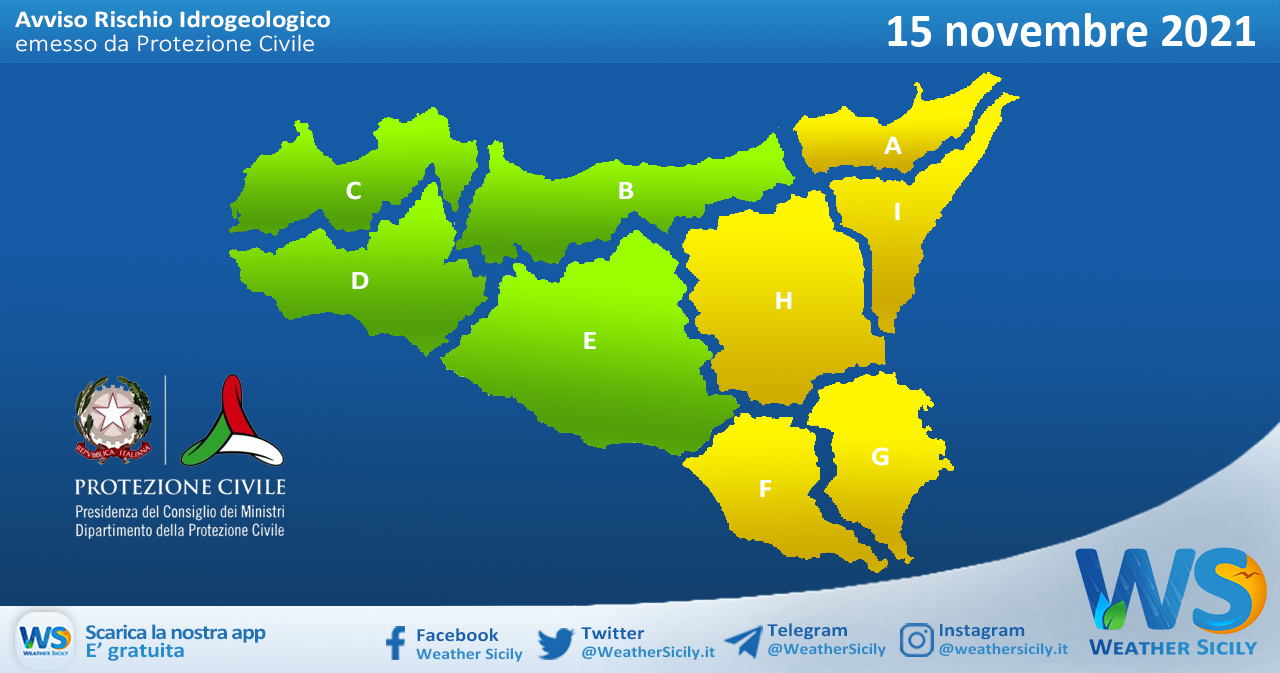 Sicilia: avviso rischio idrogeologico per lunedì 15 novembre 2021