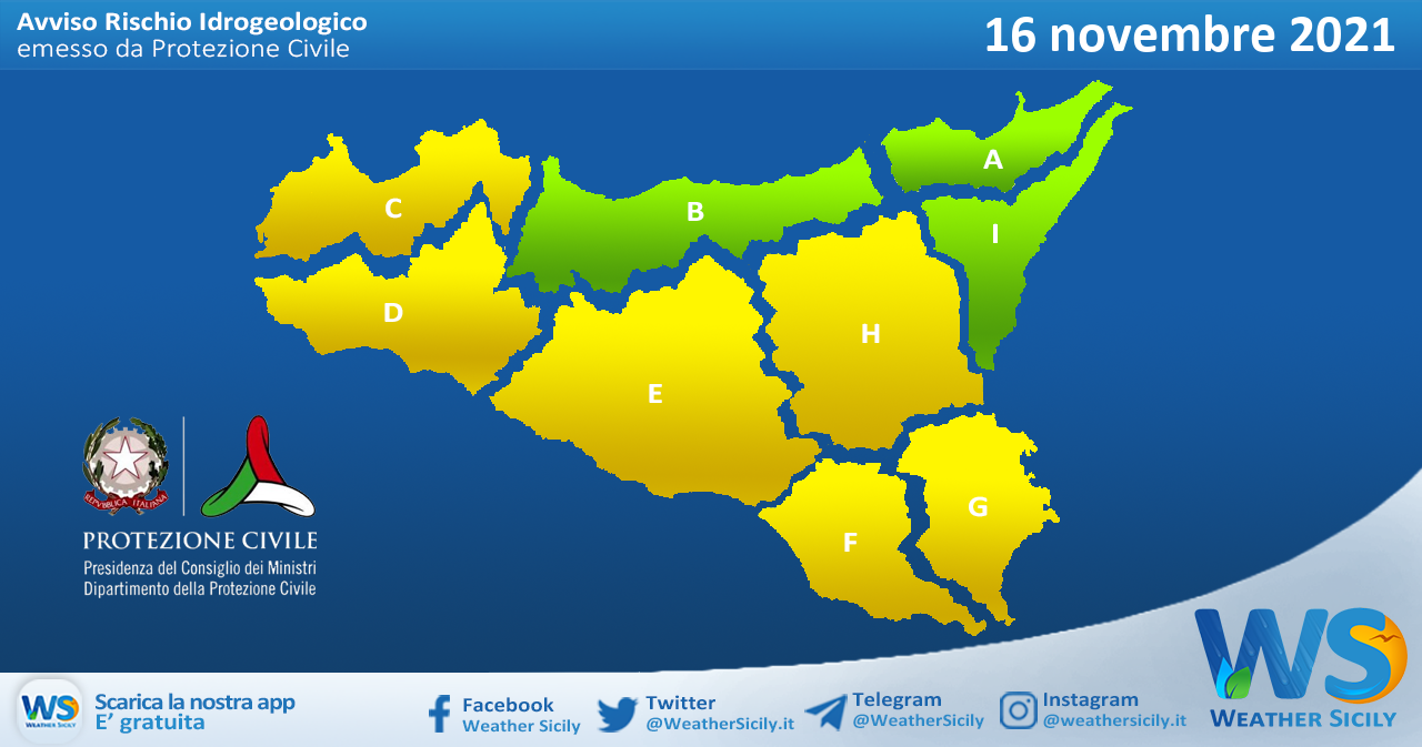 Sicilia: emessa allerta meteo gialla sul settore occidentale e centro-meridionale per martedì 16 novembre 2021.