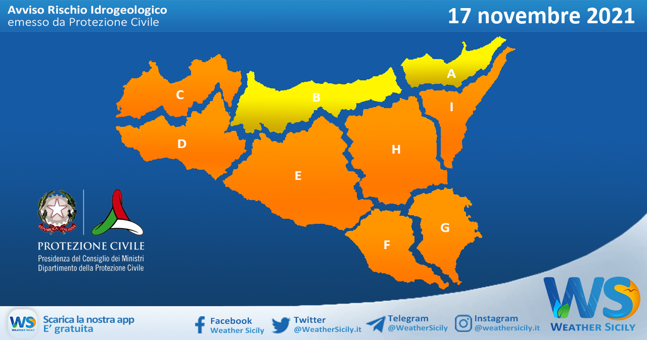 Sicilia: emessa allerta meteo arancione sul settore occidentale e centro-meridionale per mercoledì 17 novembre 2021