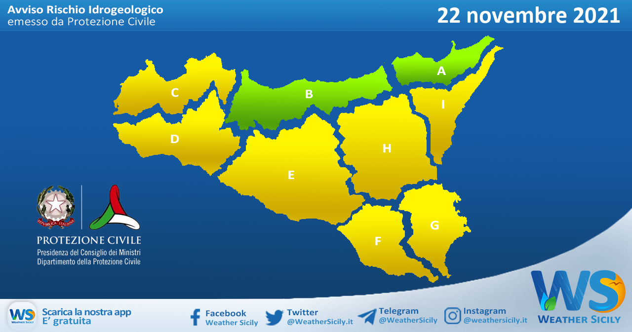 Sicilia: avviso rischio idrogeologico per lunedì 22 novembre 2021