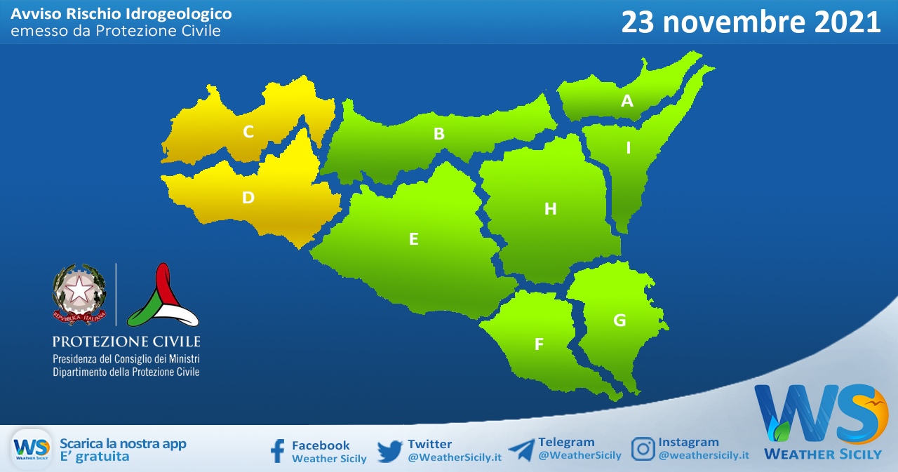 Sicilia: avviso rischio idrogeologico per martedì 23 novembre 2021