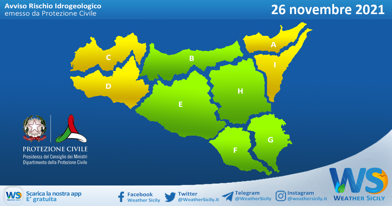 Emessa allerta meteo gialla su Sicilia occidentale e nord-orientale per venerdì 26 novembre 2021