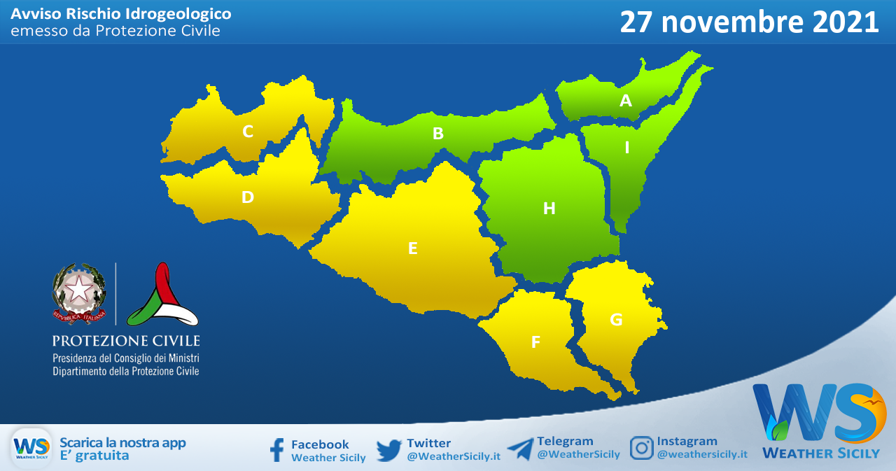 Sicilia: emessa allerta meteo gialla sul settore occidentale e meridionale per sabato 27 novembre 2021