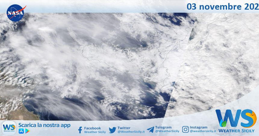 Sicilia: immagine satellitare Nasa di mercoledì 03 novembre 2021