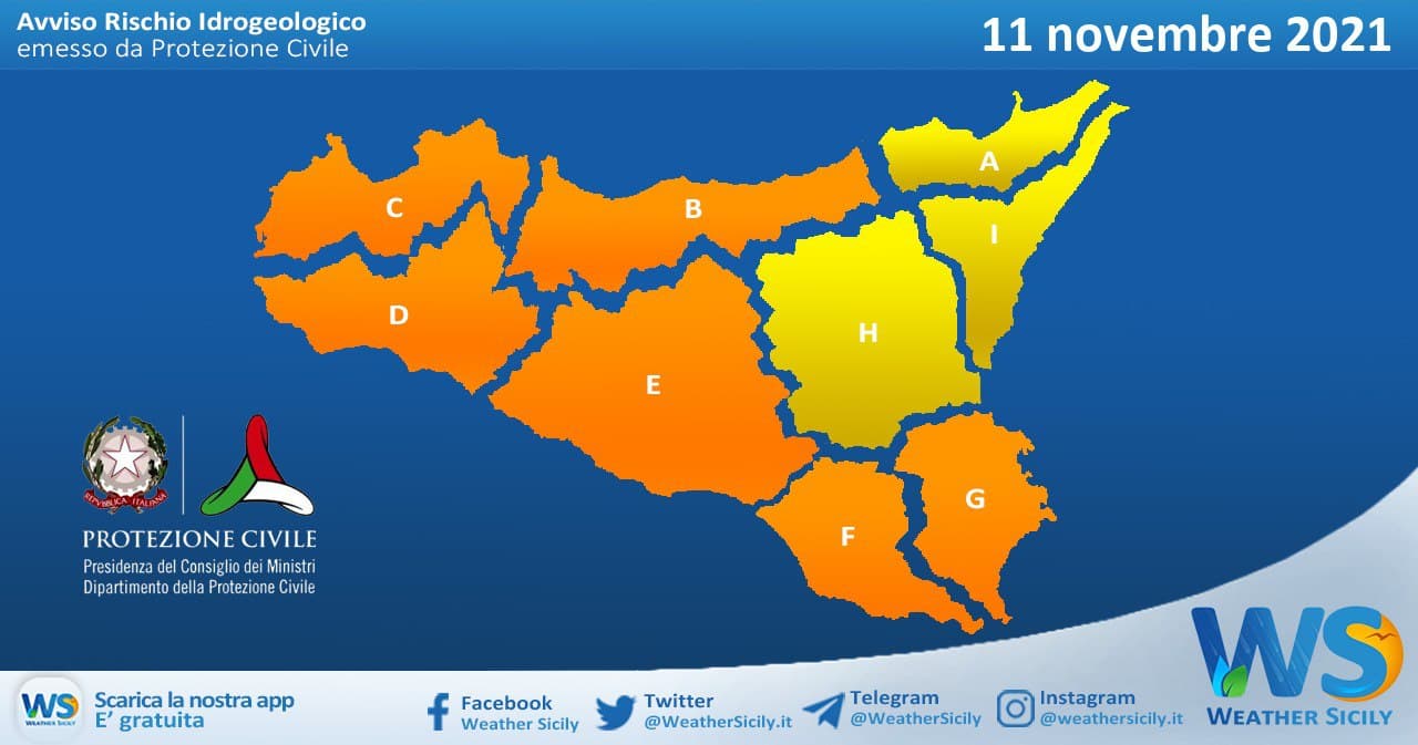 Permane allerta meteo arancione su buona parte della Sicilia per giovedì 11 novembre 2021.