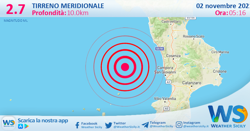 Sicilia: scossa di terremoto magnitudo 2.7 nel Tirreno Meridionale (MARE)