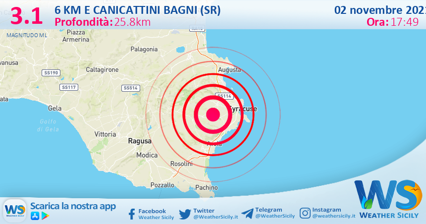 Sicilia: scossa di terremoto magnitudo 3.1 nei pressi di Canicattini Bagni (SR)
