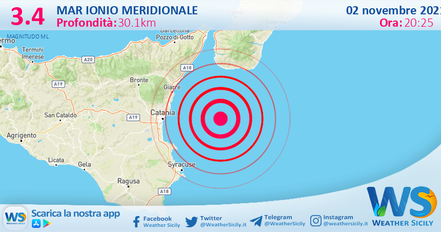 Sicilia: scossa di terremoto magnitudo 3.4 nel Mar Ionio Meridionale (MARE)