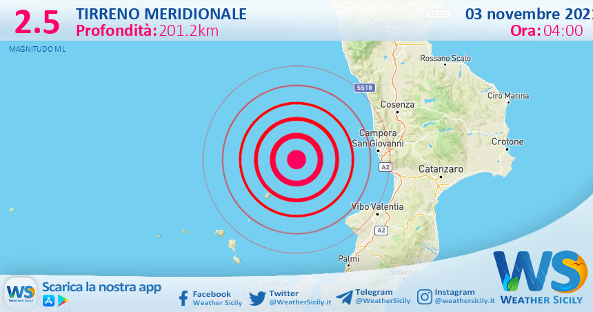 Sicilia: scossa di terremoto magnitudo 2.5 nel Tirreno Meridionale (MARE)