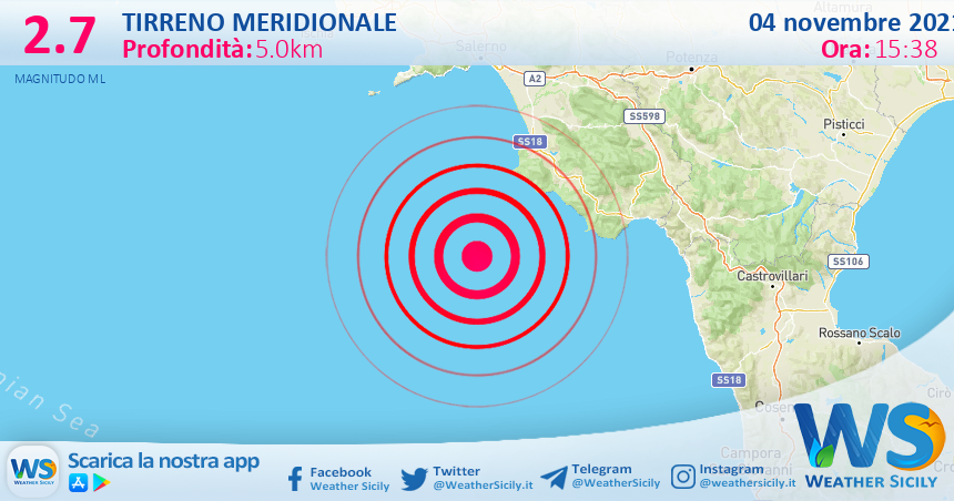 Sicilia: scossa di terremoto magnitudo 2.7 nel Tirreno Meridionale (MARE)