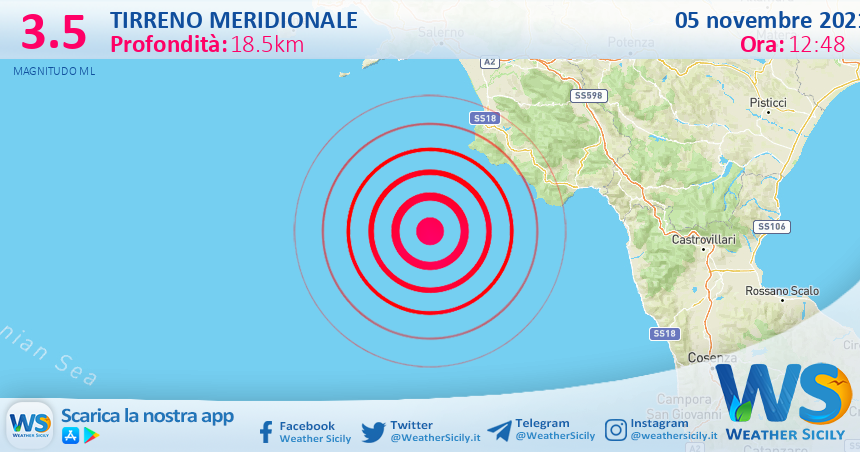 Sicilia: scossa di terremoto magnitudo 3.5 nel Tirreno Meridionale (MARE)