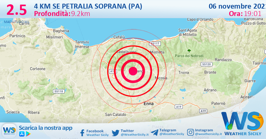 Sicilia: scossa di terremoto magnitudo 2.5 nei pressi di Petralia Soprana (PA)