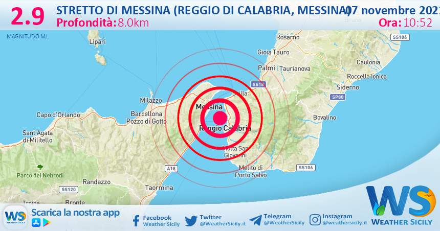 Sicilia: scossa di terremoto magnitudo 2.9 nei pressi di Stretto di Messina (Reggio di Calabria, Messina)