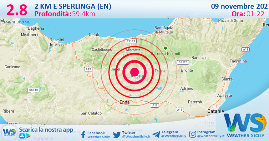 Sicilia: scossa di terremoto magnitudo 2.8 nei pressi di Sperlinga (EN)