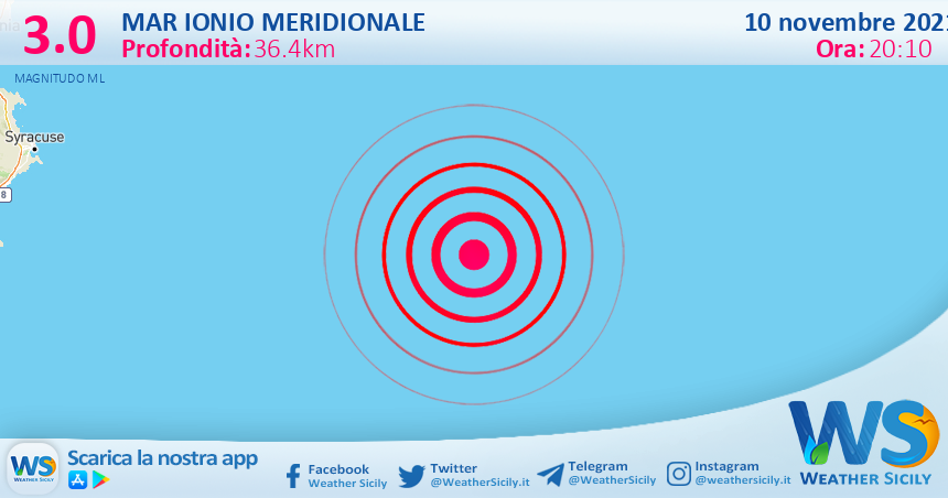 Sicilia: scossa di terremoto magnitudo 3.0 nel Mar Ionio Meridionale (MARE)