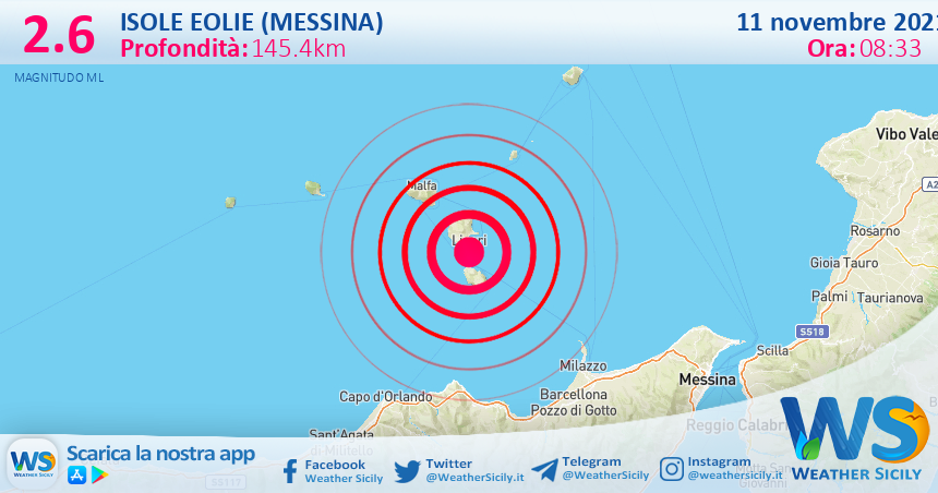 Sicilia: scossa di terremoto magnitudo 2.6 nei pressi di Isole Eolie (Messina)