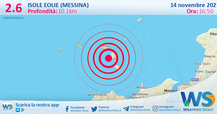 Sicilia: scossa di terremoto magnitudo 2.6 nei pressi di Isole Eolie (Messina)