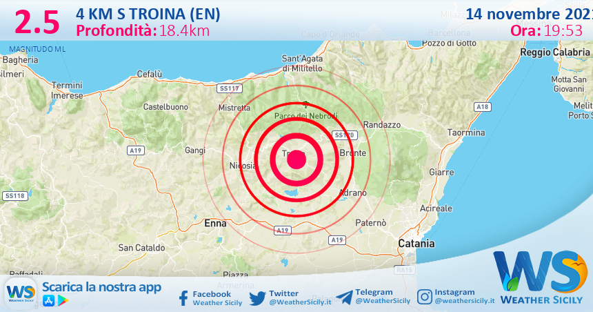 Sicilia: scossa di terremoto magnitudo 2.5 nei pressi di Troina (EN)