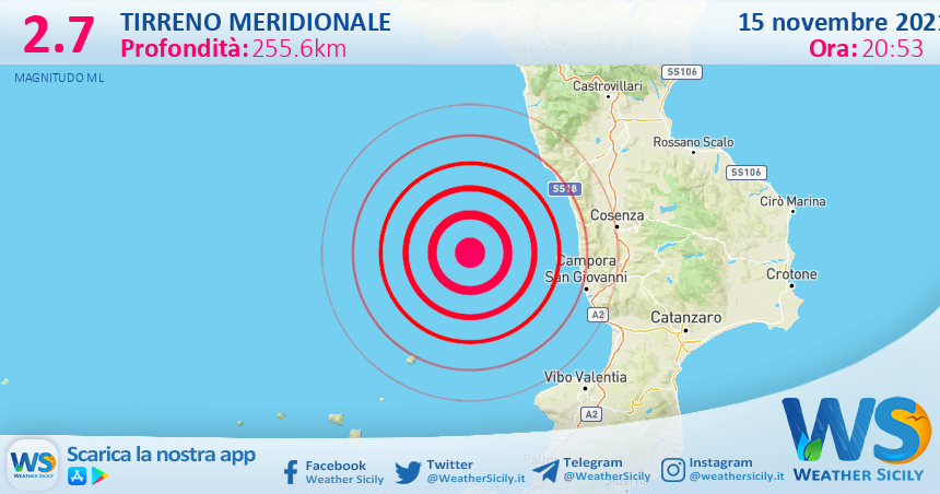 Sicilia: scossa di terremoto magnitudo 2.7 nel Tirreno Meridionale (MARE)