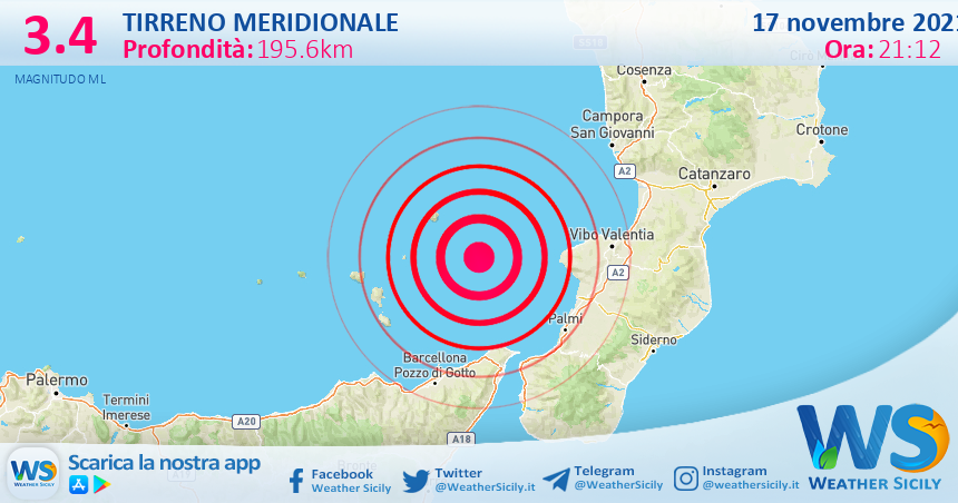 Sicilia: scossa di terremoto magnitudo 3.4 nel Tirreno Meridionale (MARE)