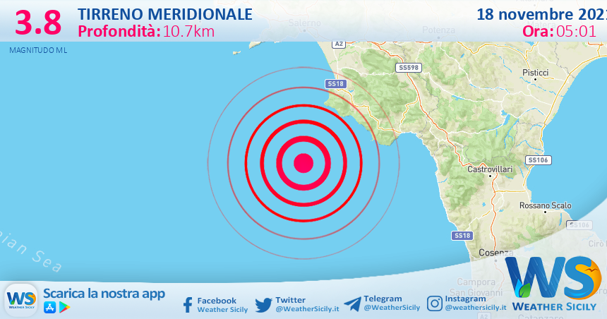 Sicilia: scossa di terremoto magnitudo 3.8 nel Tirreno Meridionale (MARE)