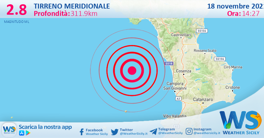 Sicilia: scossa di terremoto magnitudo 2.8 nel Tirreno Meridionale (MARE)