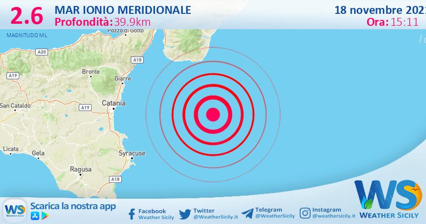 Sicilia: scossa di terremoto magnitudo 2.6 nel Mar Ionio Meridionale (MARE)