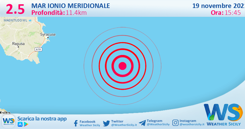 Sicilia: scossa di terremoto magnitudo 2.5 nel Mar Ionio Meridionale (MARE)