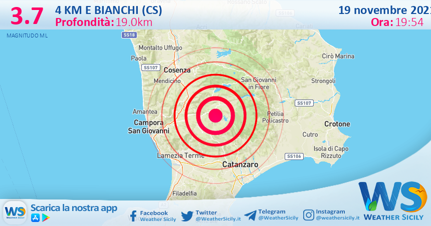 Sicilia: scossa di terremoto magnitudo 3.7 nei pressi di Bianchi (CS)