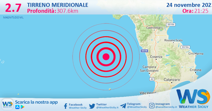 Sicilia: scossa di terremoto magnitudo 2.7 nel Tirreno Meridionale (MARE)