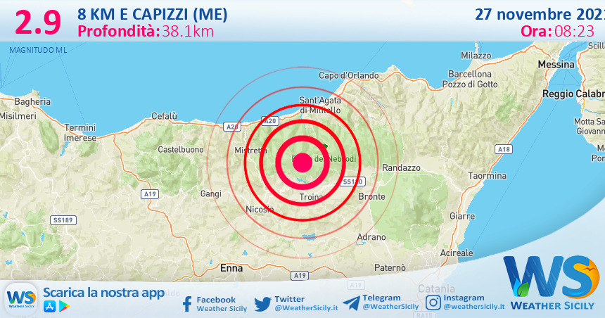 Sicilia: scossa di terremoto magnitudo 2.9 nei pressi di Capizzi (ME)