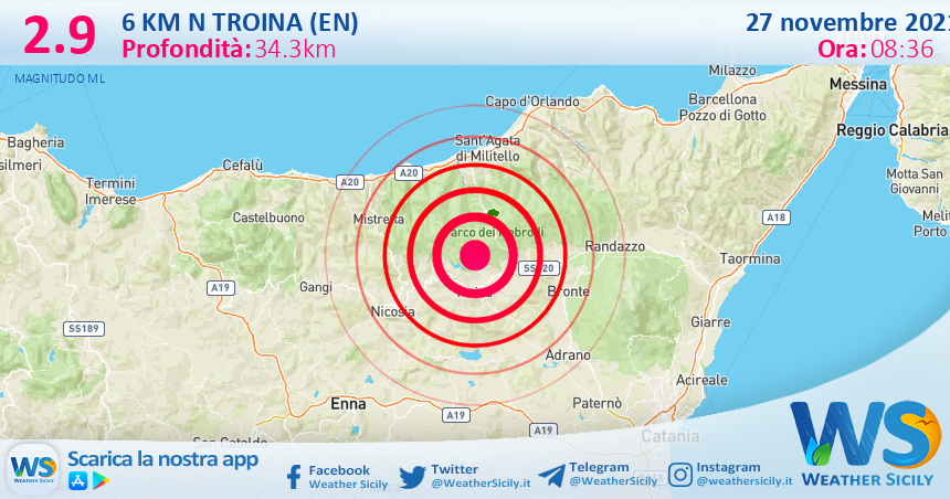 Sicilia: scossa di terremoto magnitudo 2.9 nei pressi di Troina (EN)