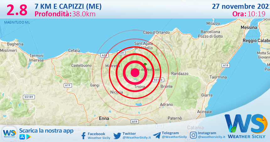 Sicilia: scossa di terremoto magnitudo 2.8 nei pressi di Capizzi (ME)