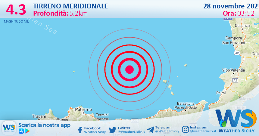 Sicilia: scossa di terremoto magnitudo 4.3 nel Tirreno Meridionale (MARE)