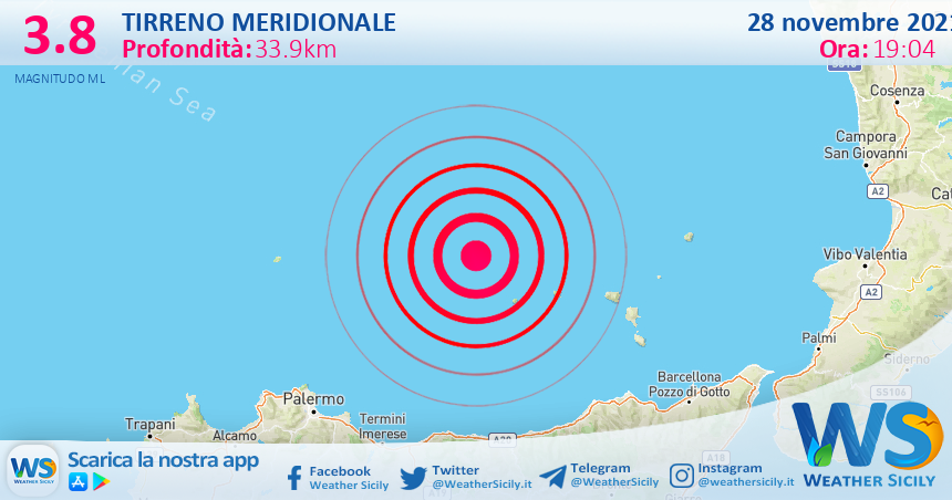 Sicilia, continua a tremare il  basso Tirreno: scossa di terremoto magnitudo 3.8 intorno le ore 19.00.