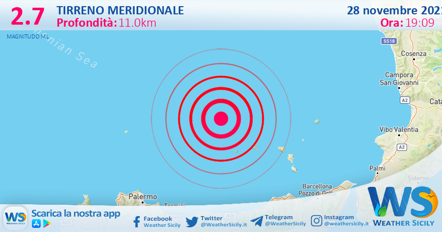 Sicilia: scossa di terremoto magnitudo 2.7 nel Tirreno Meridionale (MARE)