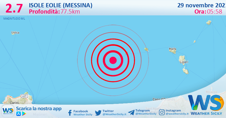 Sicilia: scossa di terremoto magnitudo 2.7 nei pressi di Isole Eolie (Messina)