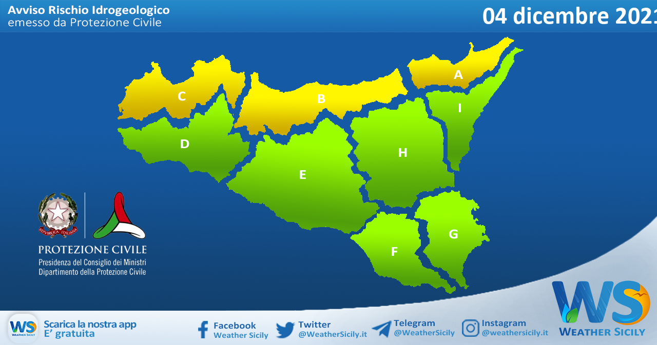 Sicilia: avviso rischio idrogeologico per sabato 04 dicembre 2021