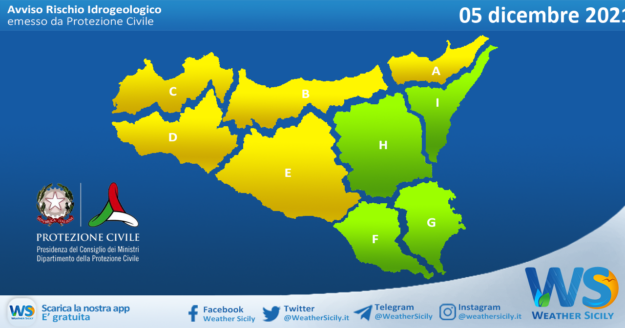 Emessa allerta meteo gialla su Sicilia settentrionale e centro-occidentale per domenica 05 dicembre 2021