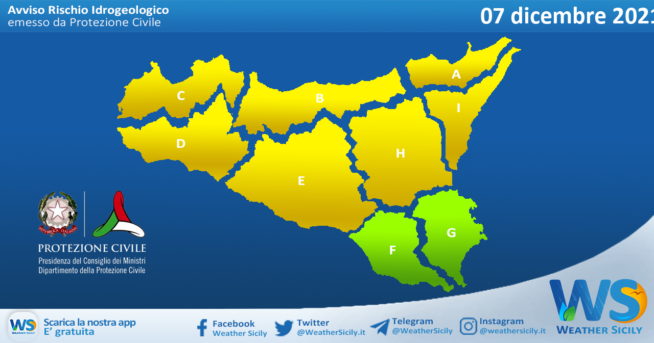 Sicilia: emessa allerta meteo gialla per martedì 7 dicembre 2021, ad eccezione del settore sud-orientale.