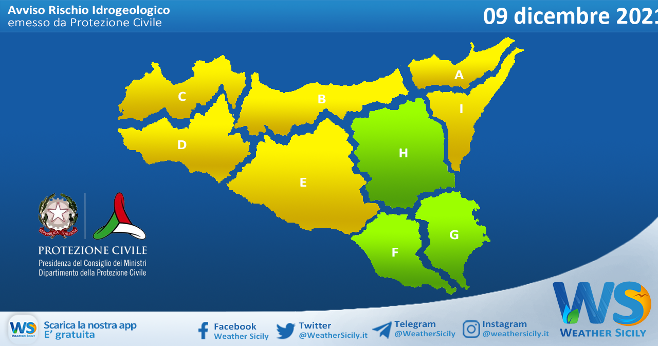 Emessa allerta meteo gialla su Sicilia settentrionale e centro-occidentale per giovedì 09 dicembre 2021