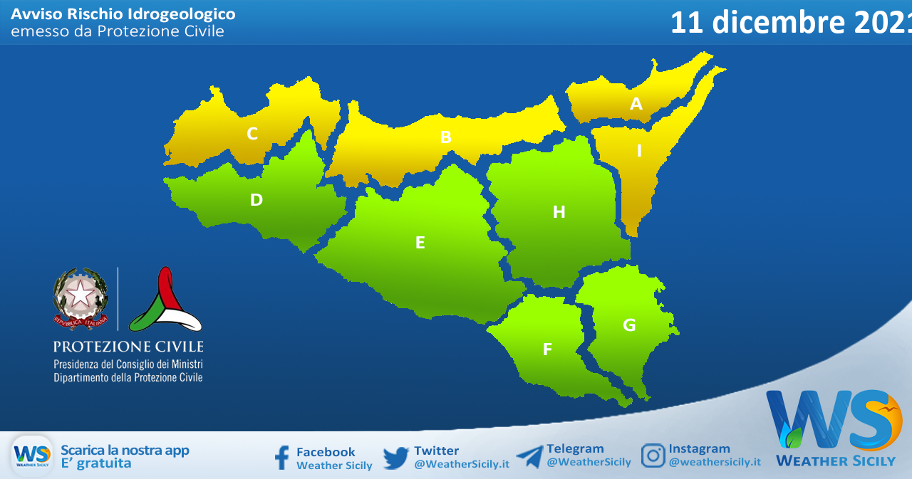 Sicilia: avviso rischio idrogeologico per sabato 11 dicembre 2021