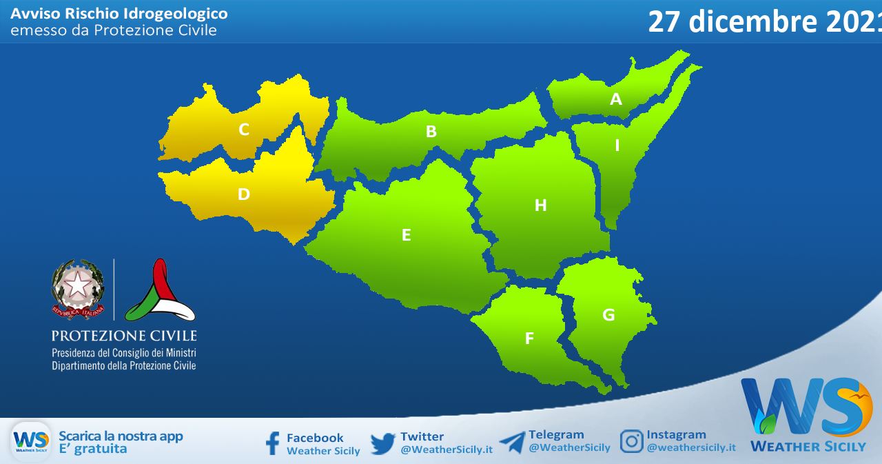 Sicilia: avviso rischio idrogeologico per lunedì 27 dicembre 2021